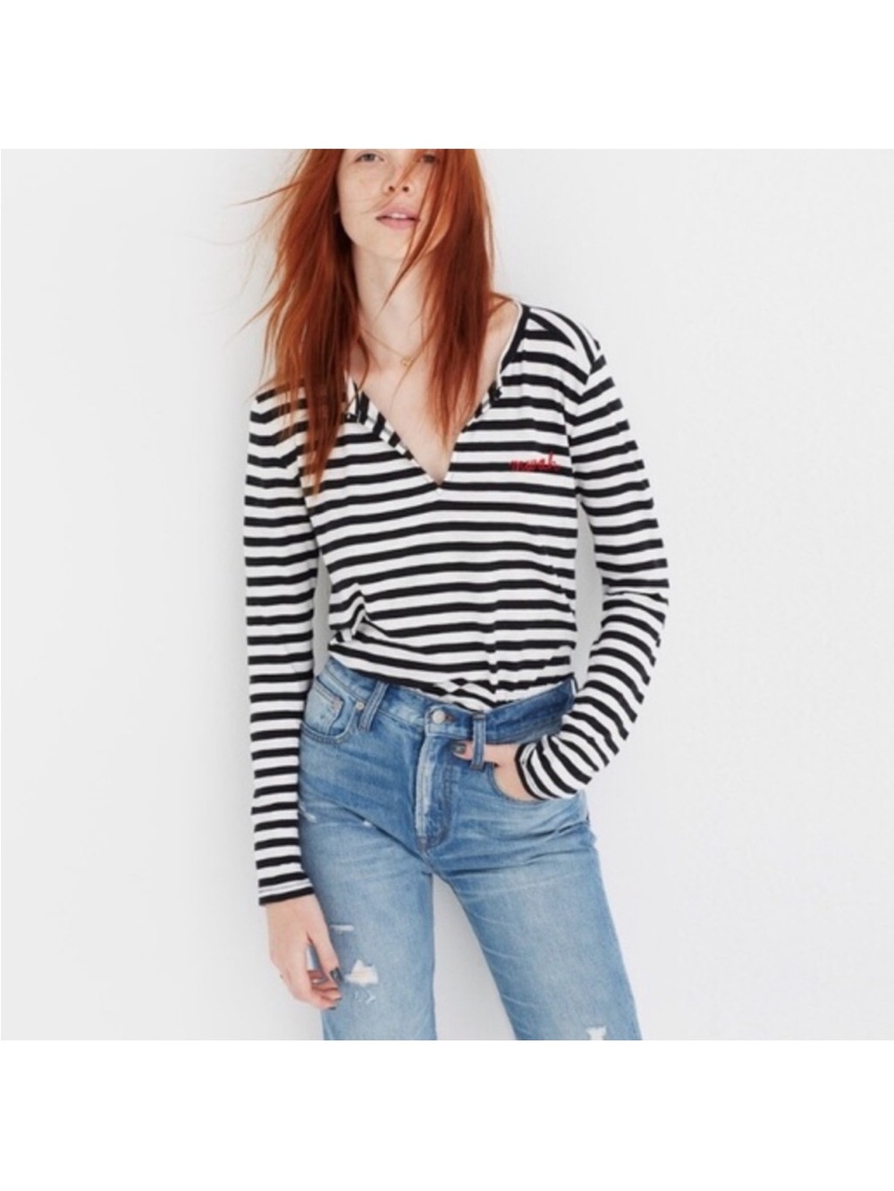 NWT Madewell "Mwah" Kisses Embroidered Striped Split V-Neck Tee Size M cotton